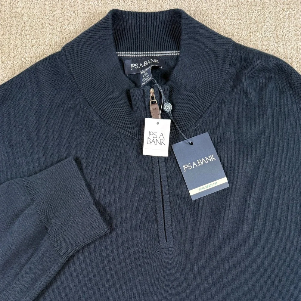 NEW Jos A Bank Mens 2XL Navy Blue Tailored Fit Pima Cotton 1/4 Zip Sweater